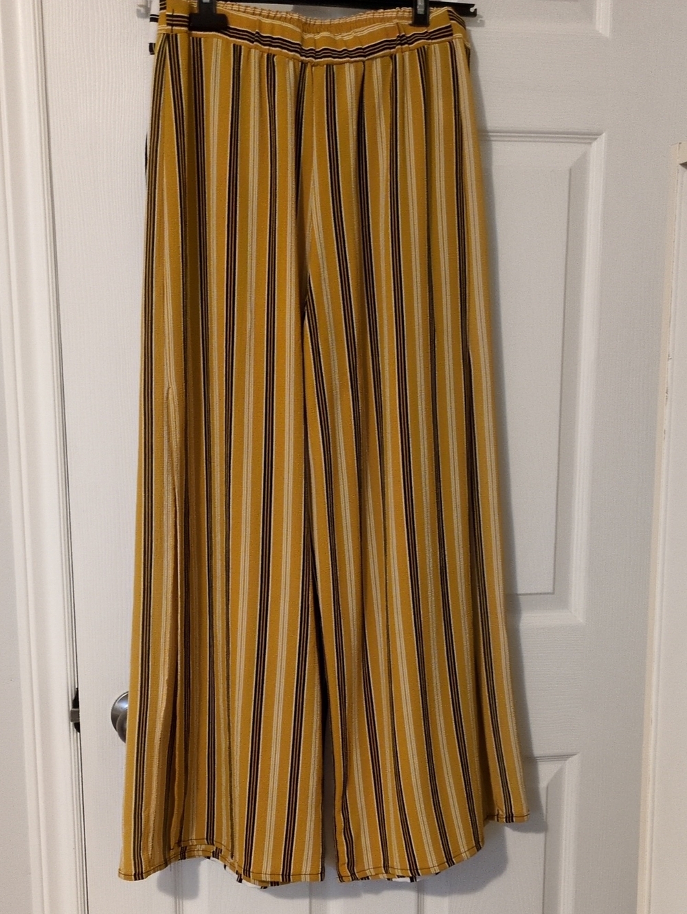 Mustard Yellow Vertical Stripe Wide-Leg Pants with Split